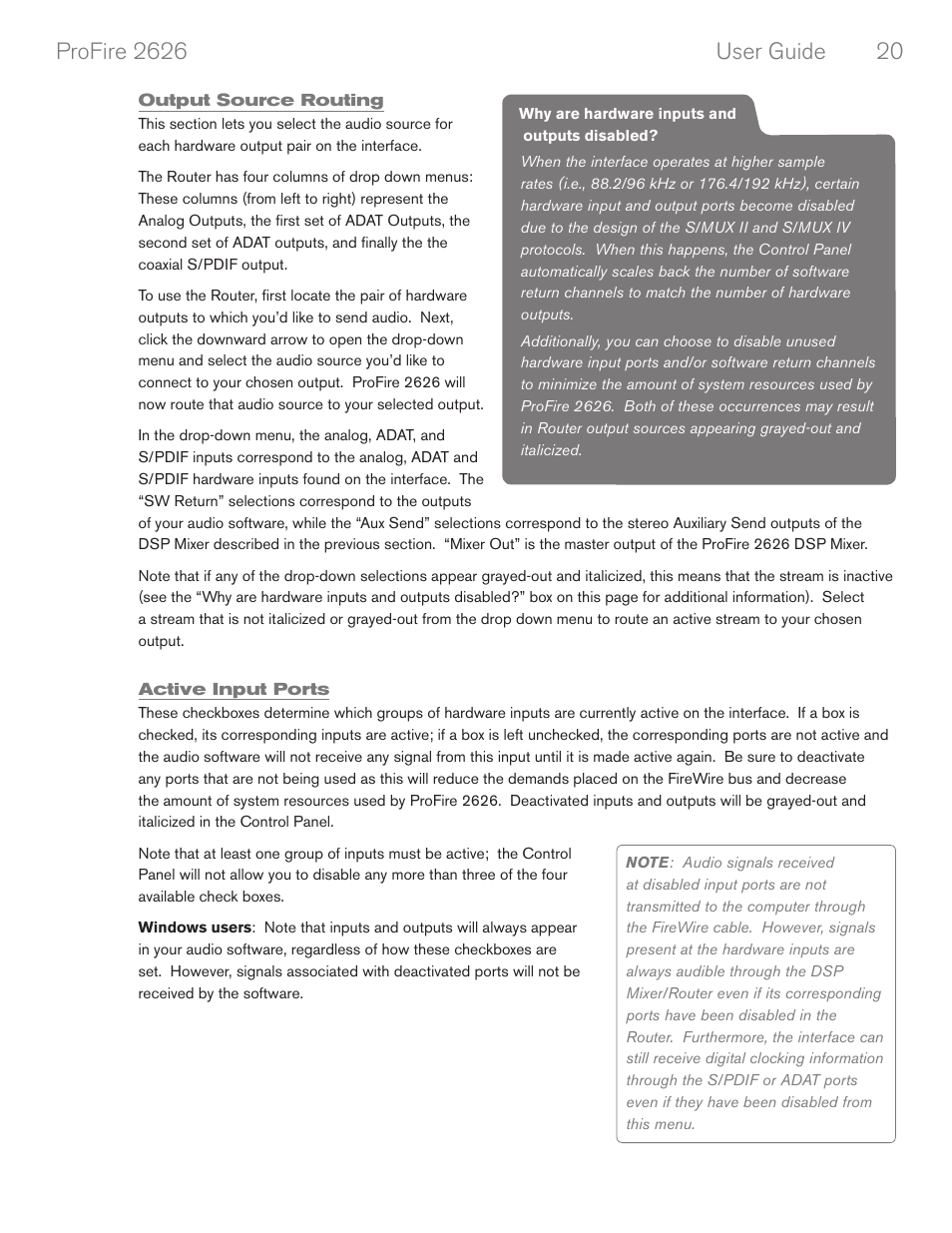 Output source routing, Active input ports | M-AUDIO PROFIRE 2626 User Manual | Page 21 / 51