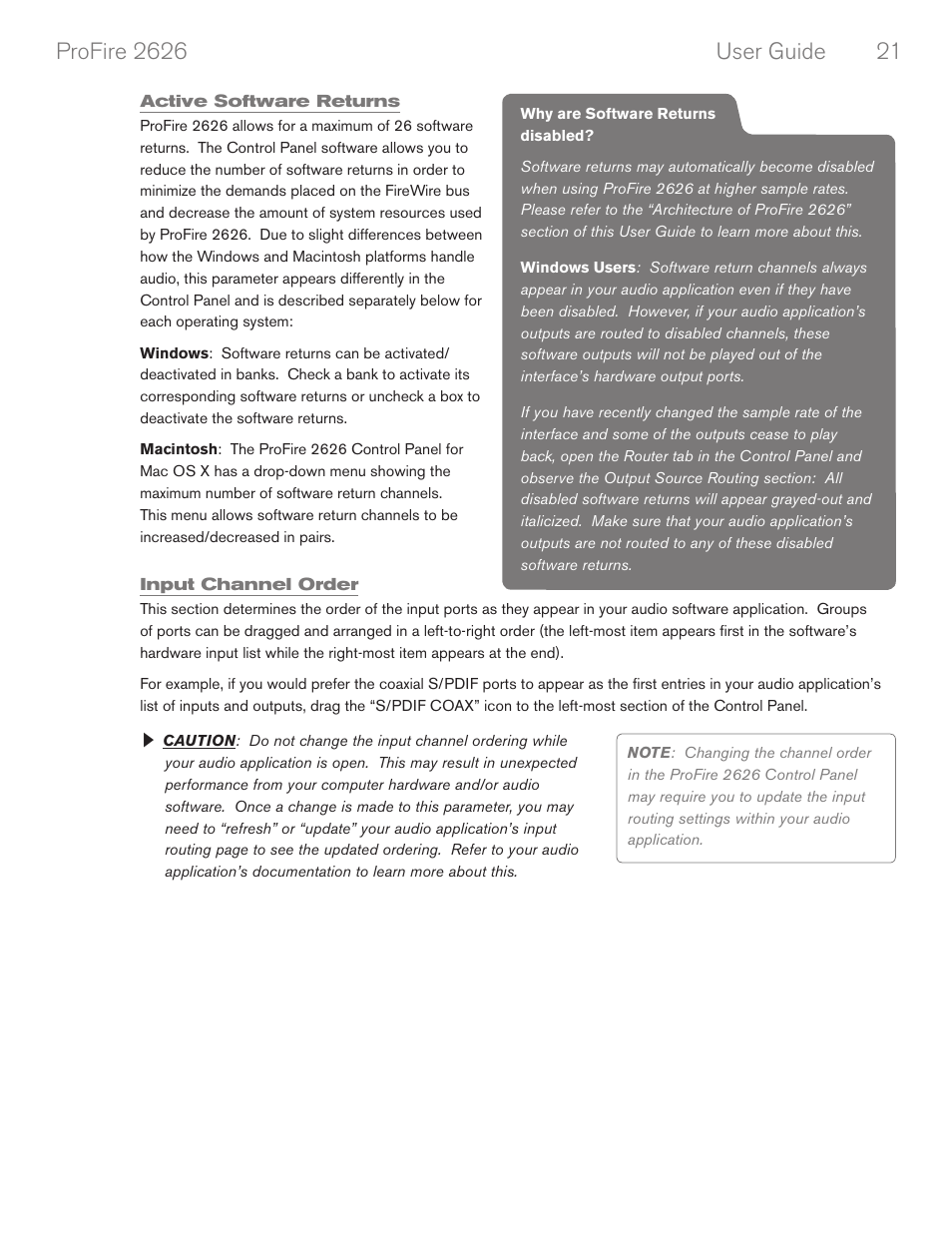 Active software returns, Input channel order | M-AUDIO PROFIRE 2626 User Manual | Page 22 / 51