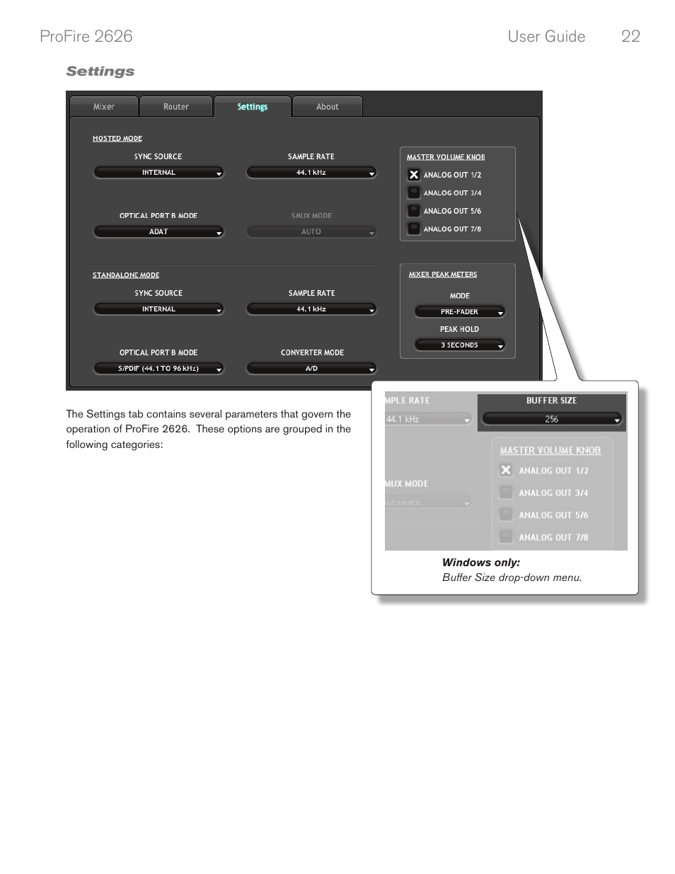 Settings | M-AUDIO PROFIRE 2626 User Manual | Page 23 / 51