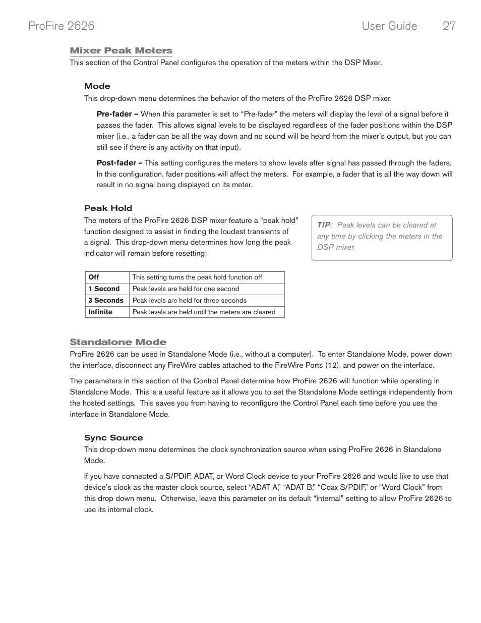 Mixer peak meters, Standalone mode | M-AUDIO PROFIRE 2626 User Manual | Page 28 / 51