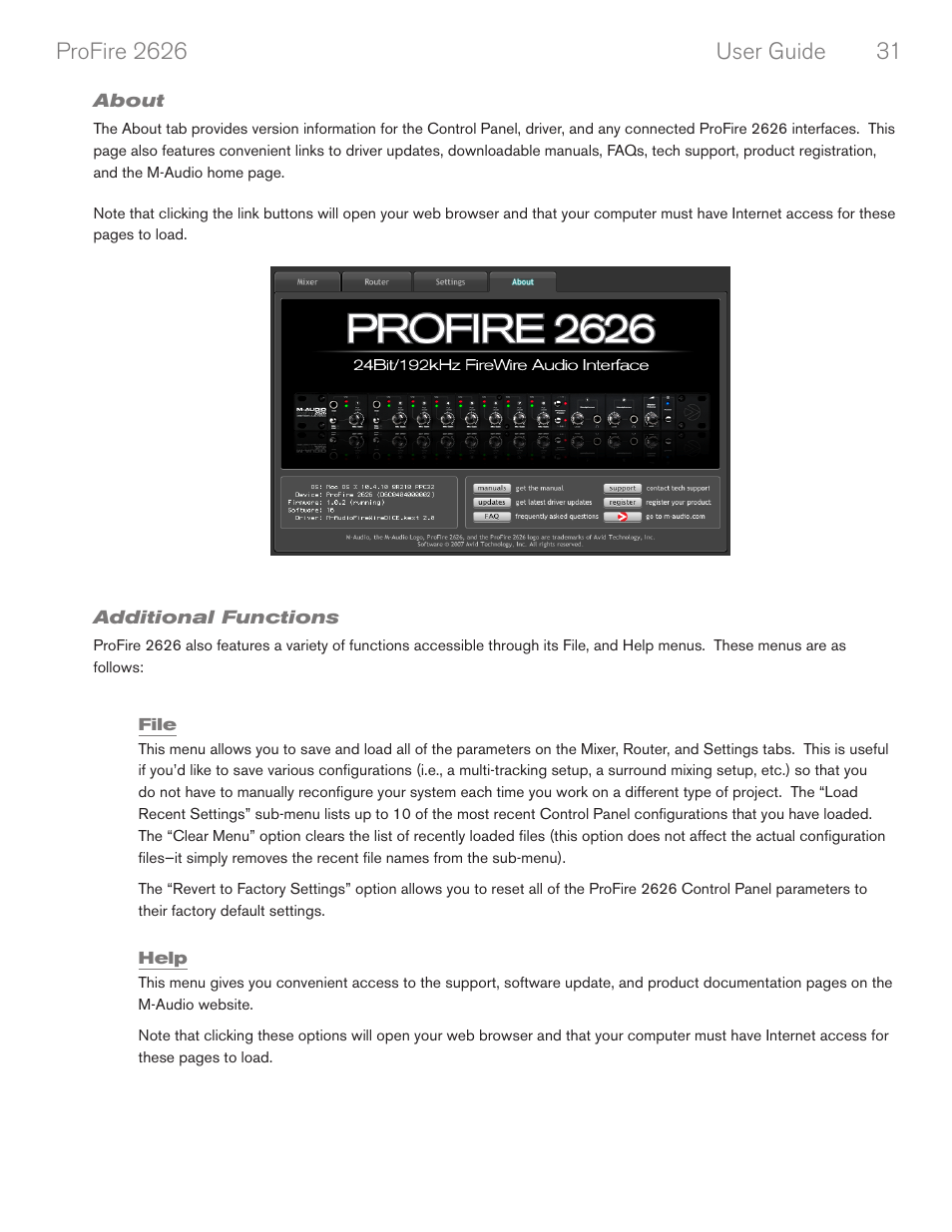 About, Additional functions, File | Help | M-AUDIO PROFIRE 2626 User Manual | Page 32 / 51