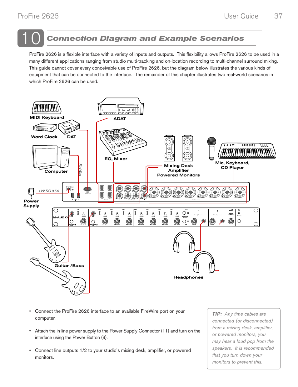 Connection diagram and example scenarios, Computer word clock midi keyboard dat, Firew ire | 12v dc 3.5a | M-AUDIO PROFIRE 2626 User Manual | Page 38 / 51