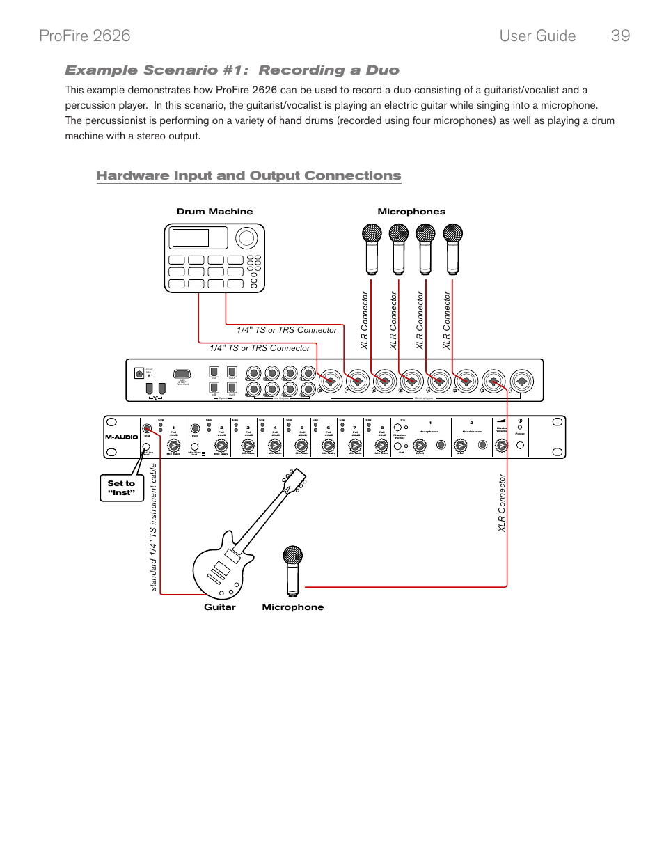 Example scenario #1: recording a duo, Hardware input and output connections, Set to “inst | M-AUDIO PROFIRE 2626 User Manual | Page 40 / 51