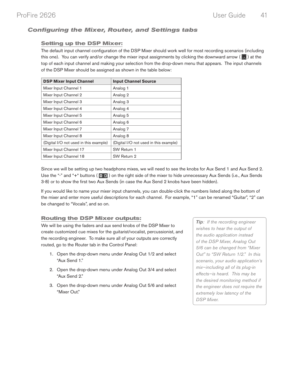 Configuring the mixer, router, and settings tabs, Setting up the dsp mixer, Routing the dsp mixer outputs | M-AUDIO PROFIRE 2626 User Manual | Page 42 / 51