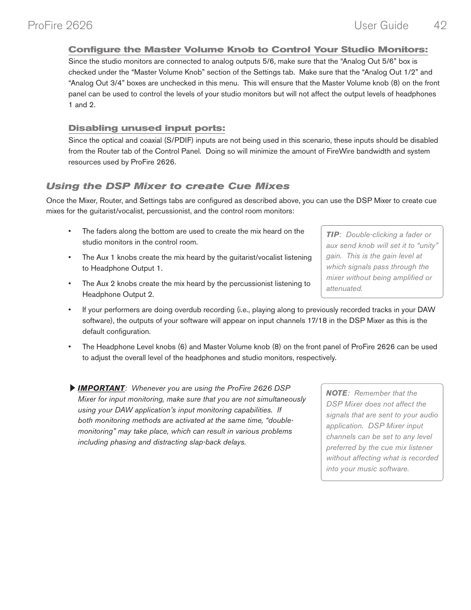 Disabling unused input ports, Using the dsp mixer to create cue mixes | M-AUDIO PROFIRE 2626 User Manual | Page 43 / 51
