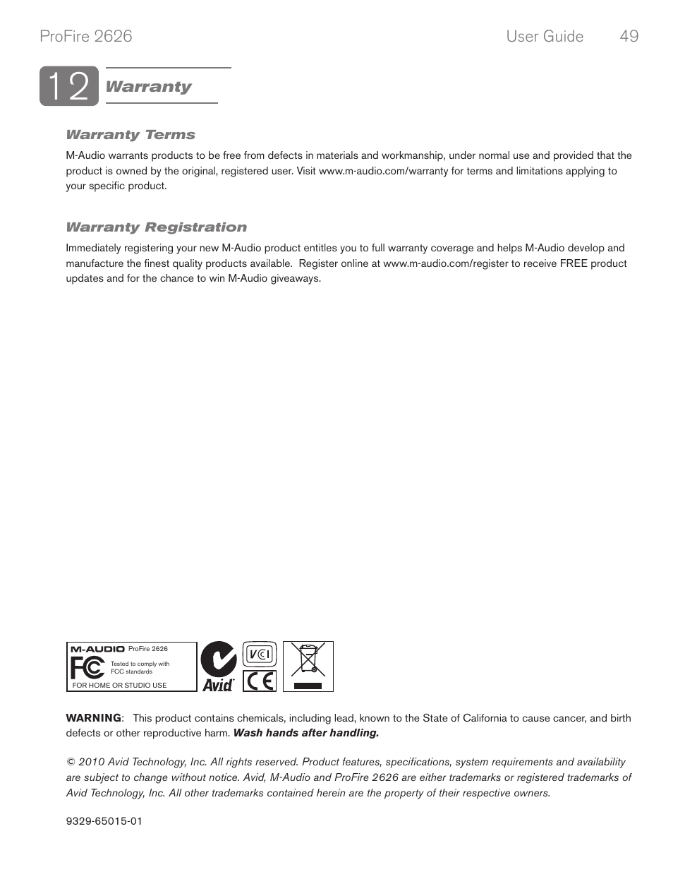 Warranty, Warranty terms, Warranty registration | M-AUDIO PROFIRE 2626 User Manual | Page 50 / 51