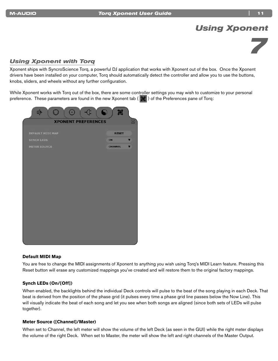 Using xponent, Using xponent with torq, Default midi map | Synch leds ([on]/off), Meter source ([channel]/master) | M-AUDIO TORQ XPONENT User Manual | Page 11 / 20