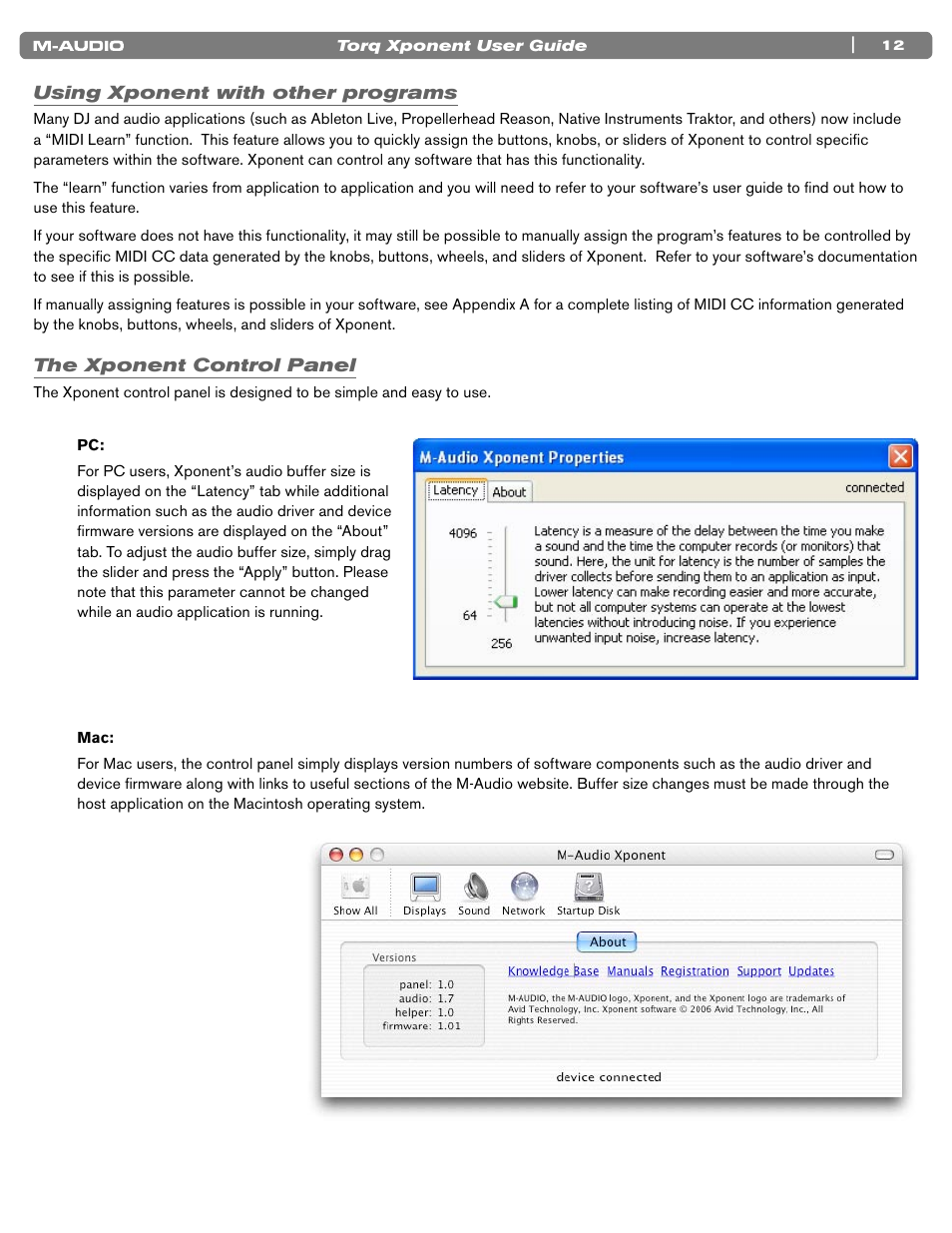 Using xponent with other programs, The xponent control panel, Pc mac | M-AUDIO TORQ XPONENT User Manual | Page 12 / 20