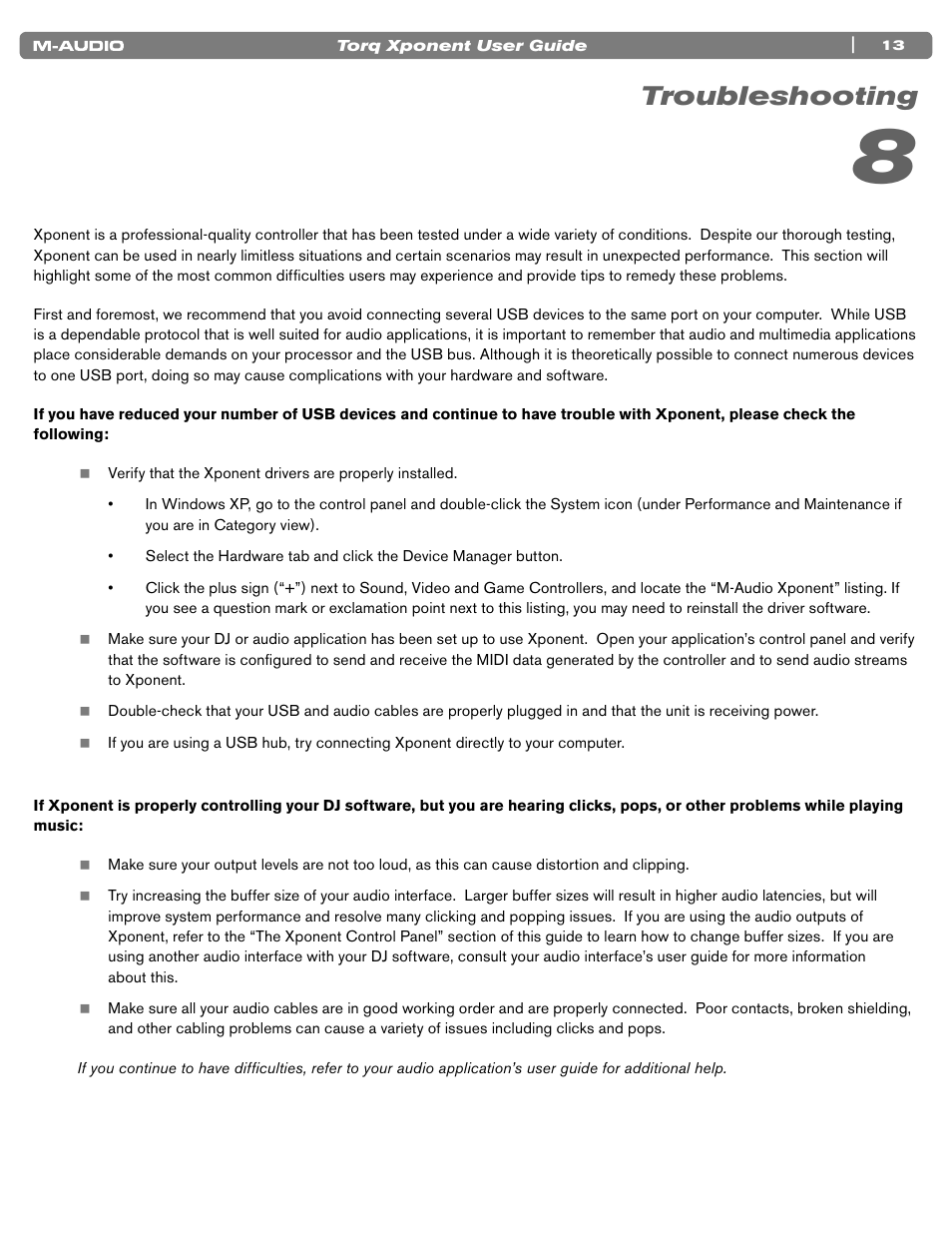 Troubleshooting | M-AUDIO TORQ XPONENT User Manual | Page 13 / 20