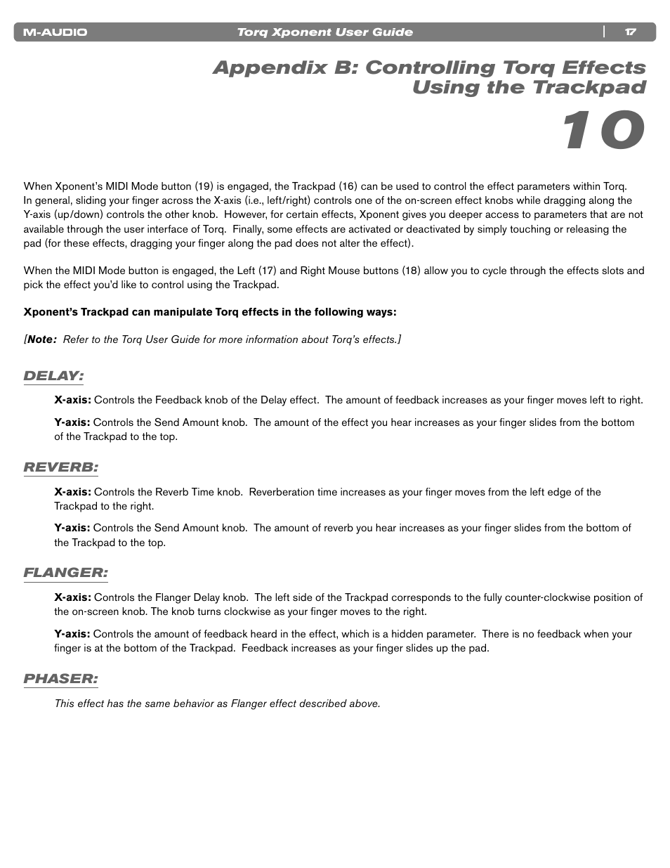 Delay, Reverb, Flanger | Phaser, Reverb flanger | M-AUDIO TORQ XPONENT User Manual | Page 17 / 20