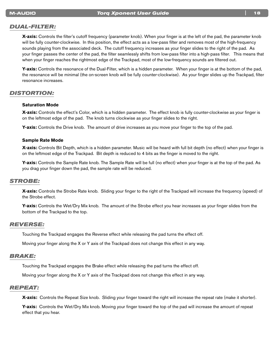 Dual-filter, Distortion, Saturation mode | Sample rate mode, Strobe, Reverse, Brake, Repeat, Saturation mode sample rate mode, Reverse brake | M-AUDIO TORQ XPONENT User Manual | Page 18 / 20