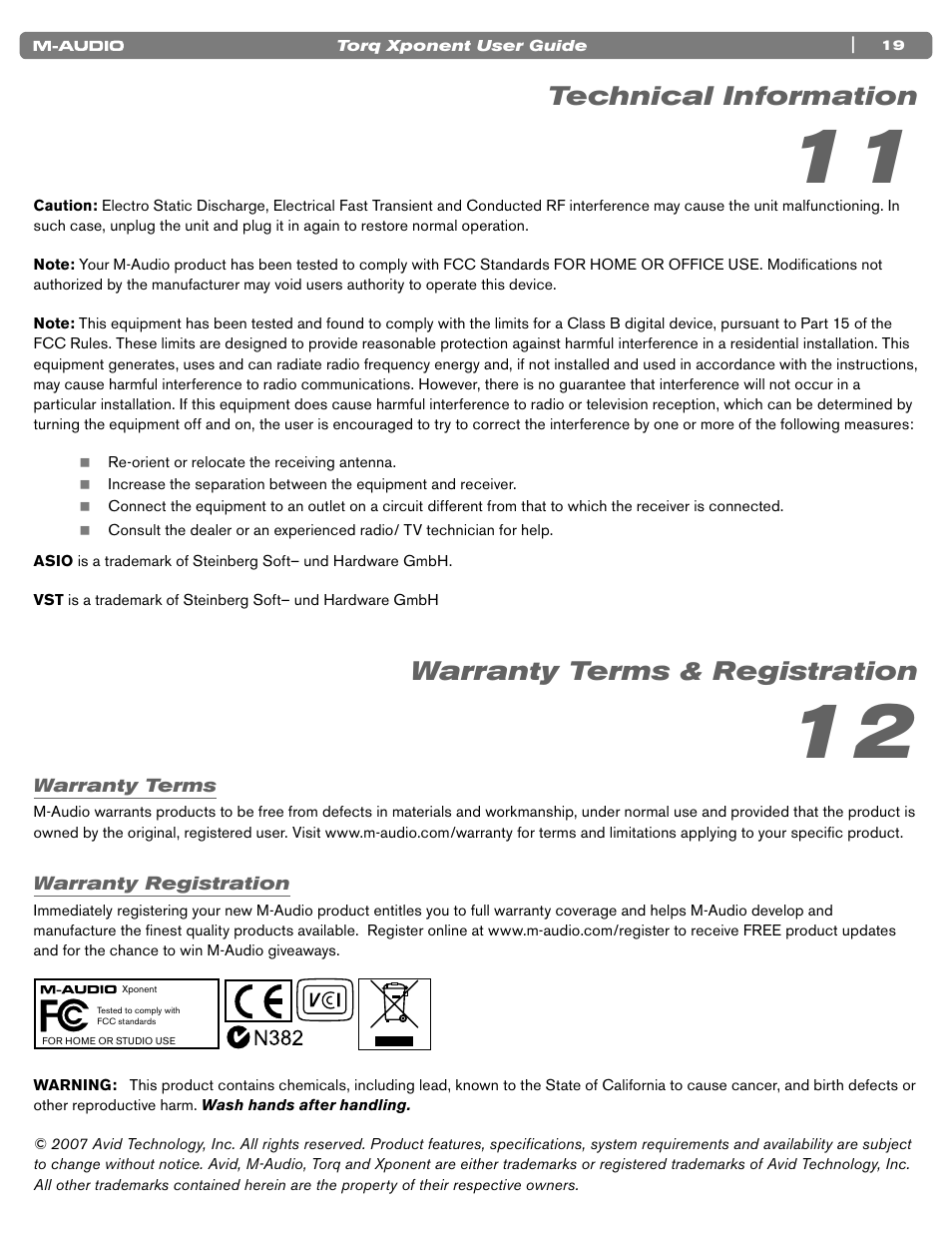 Technical information, Warranty terms & registration, Warranty terms | Warranty registration | M-AUDIO TORQ XPONENT User Manual | Page 19 / 20