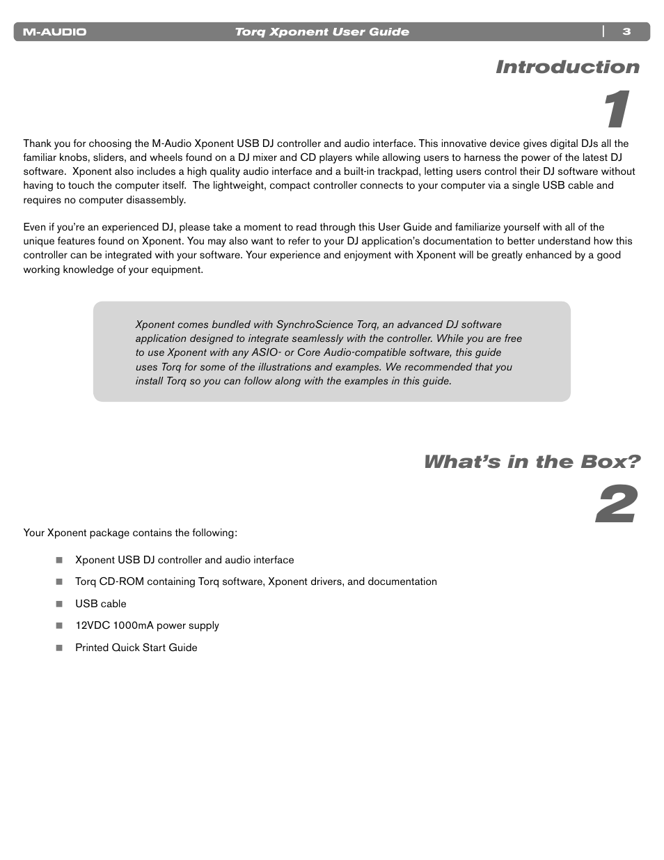 Introduction, What’s in the box | M-AUDIO TORQ XPONENT User Manual | Page 3 / 20