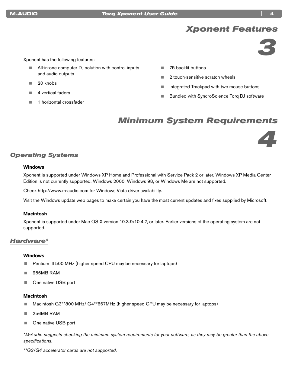 Xponent features, Minimum system requirements, Operating systems | Windows, Macintosh, Hardware, Windows macintosh | M-AUDIO TORQ XPONENT User Manual | Page 4 / 20