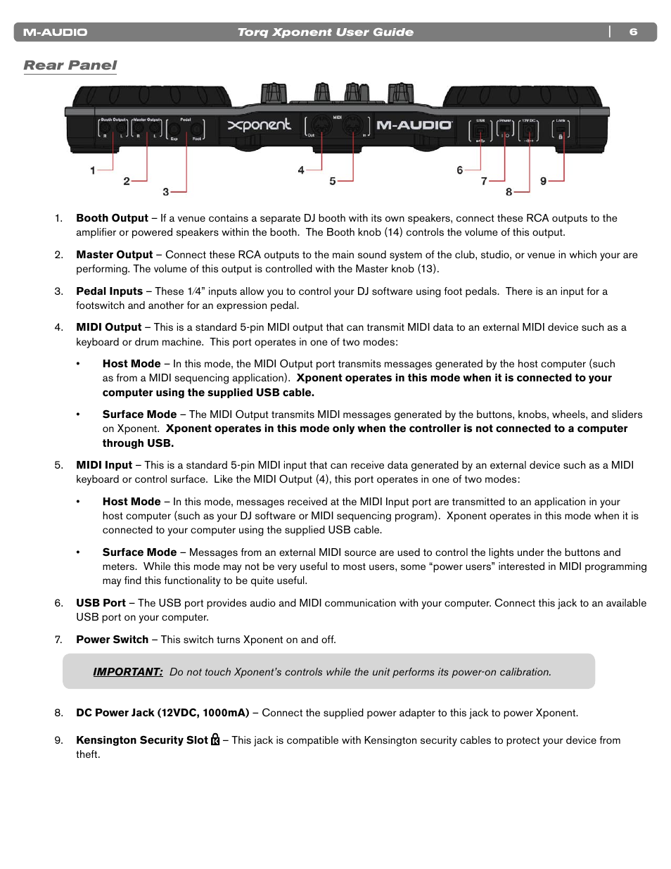 Rear panel | M-AUDIO TORQ XPONENT User Manual | Page 6 / 20