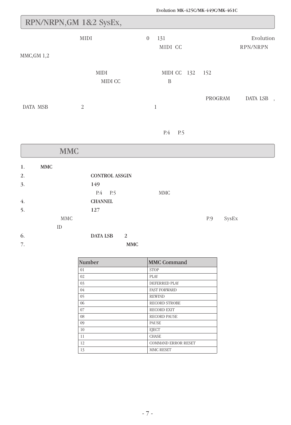 Rpn/nrpn,gm 1&2 sysex, その他のメッセージ, ボタンにmmc コントロールをアサインする, Rpn/nrpn,gm 1&2 sysex | M-AUDIO Evolution MK-449C User Manual | Page 7 / 28