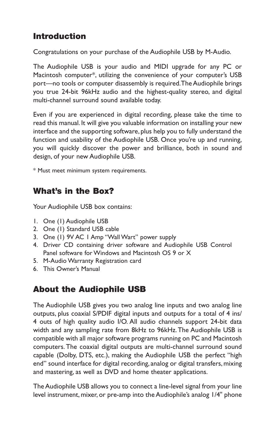 Introduction, What’s in the box, About the audiophile usb | M-AUDIO AP-012403 User Manual | Page 2 / 35