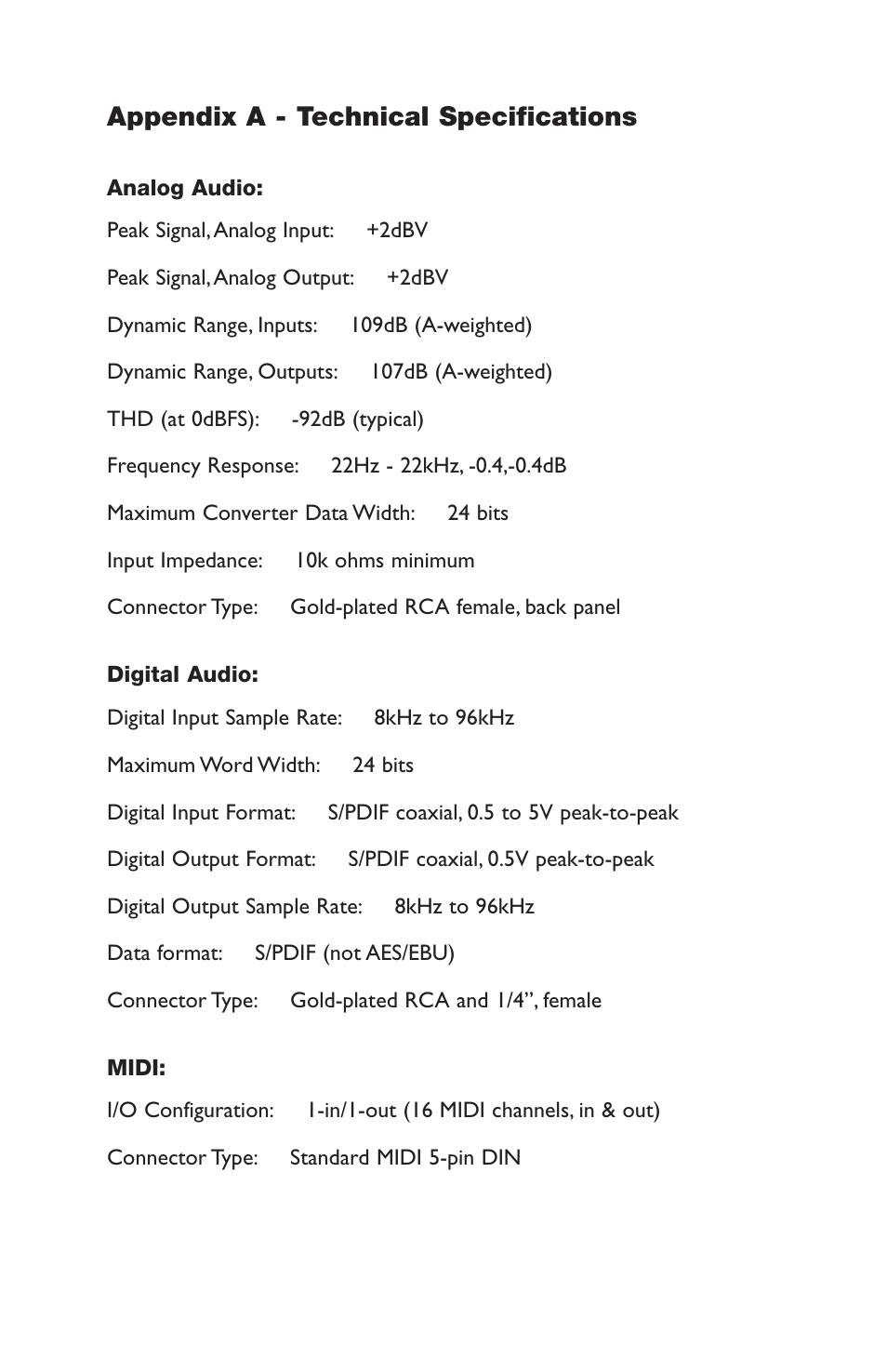 Appendix a - technical specifications | M-AUDIO AP-012403 User Manual | Page 22 / 35