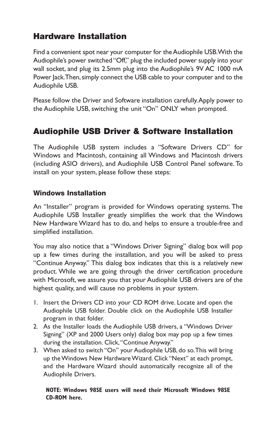 Hardware installation, Audiophile usb driver & software installation | M-AUDIO AP-012403 User Manual | Page 6 / 35