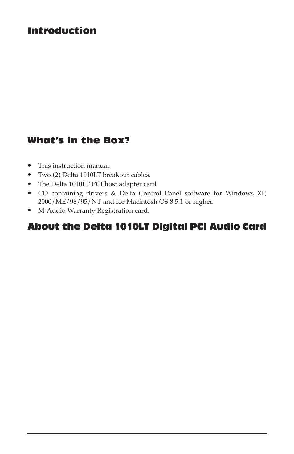 Introduction, What’s in the box, About the delta 1010lt digital pci audio card | M-AUDIO 1010LT User Manual | Page 2 / 59