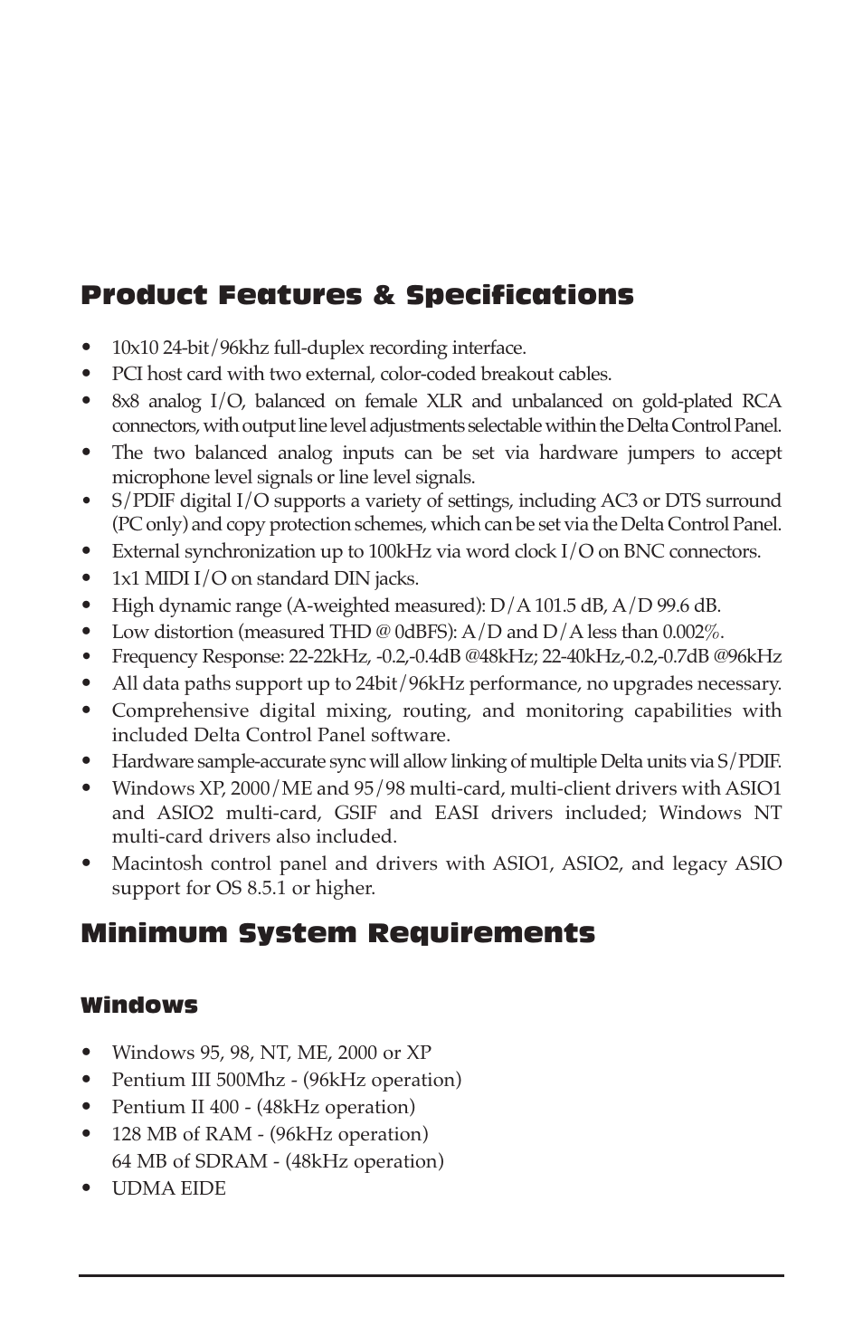 Product features & specifications, Minimum system requirements | M-AUDIO 1010LT User Manual | Page 4 / 59