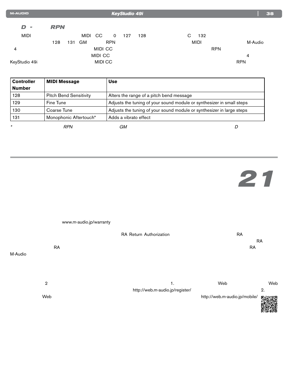 付録d - 追加のrpnメッセージ, 製品保証, 保証規定 | ユーザー登録 | M-AUDIO KEYSTUDIO 49I User Manual | Page 39 / 41