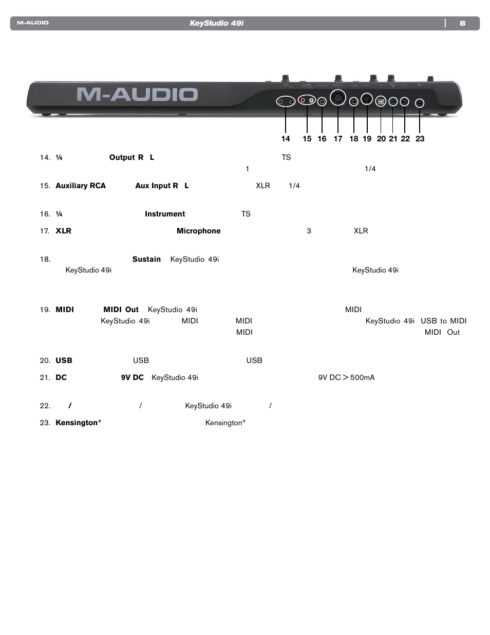 リアパネル図解 | M-AUDIO KEYSTUDIO 49I User Manual | Page 9 / 41