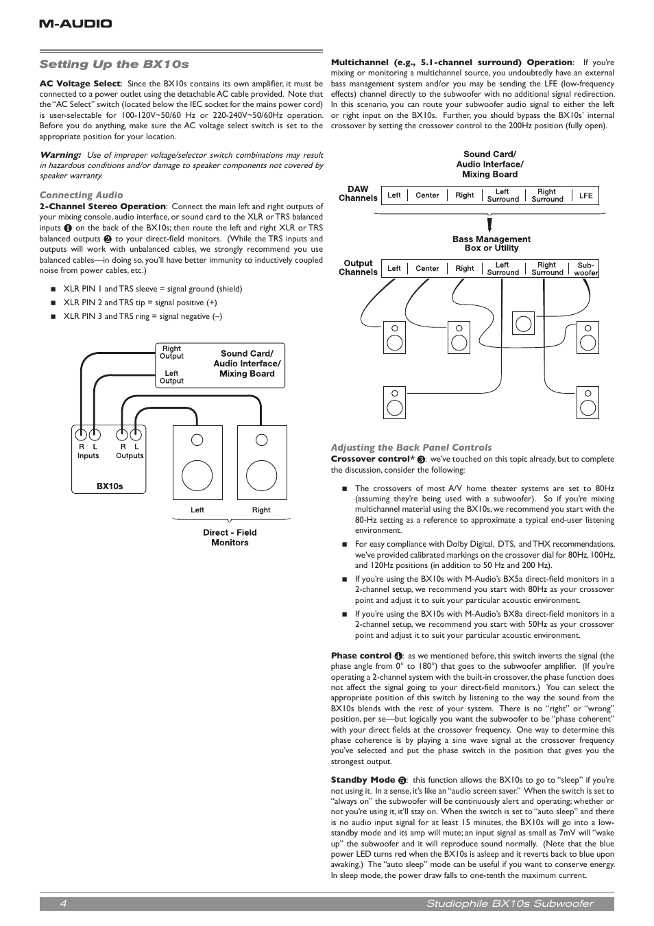 Setting up the bx10s, Connecting audio, Adjusting the back panel controls | M-AUDIO BX10s User Manual | Page 5 / 8