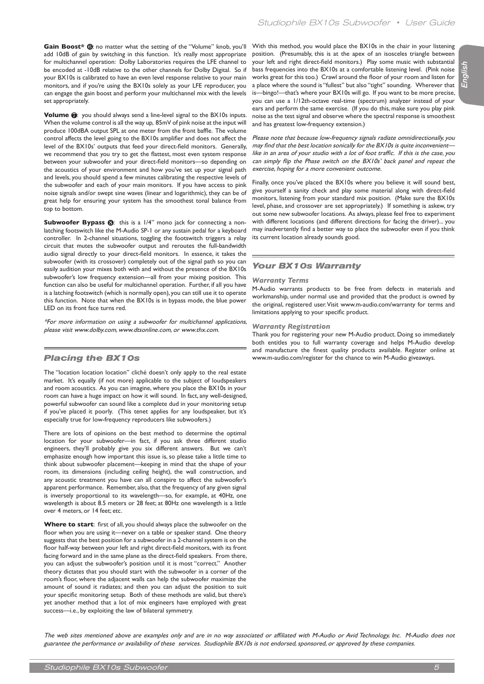 Placing the bx10s, Your bx10s warranty, Warranty terms | Warranty registration | M-AUDIO BX10s User Manual | Page 6 / 8