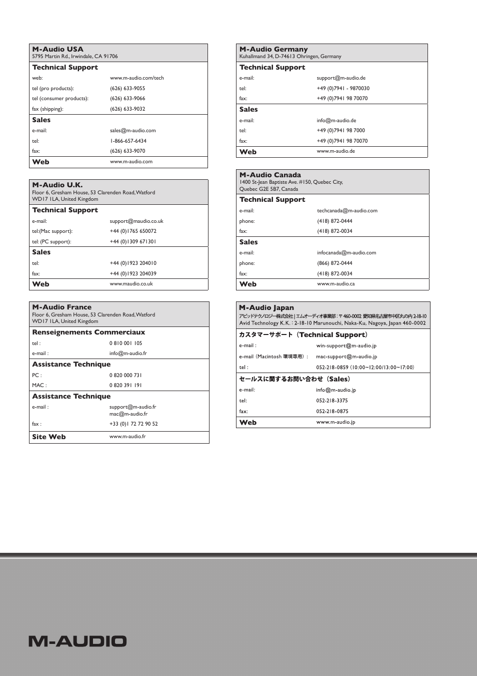 Contact m-audio | M-AUDIO BX10s User Manual | Page 8 / 8