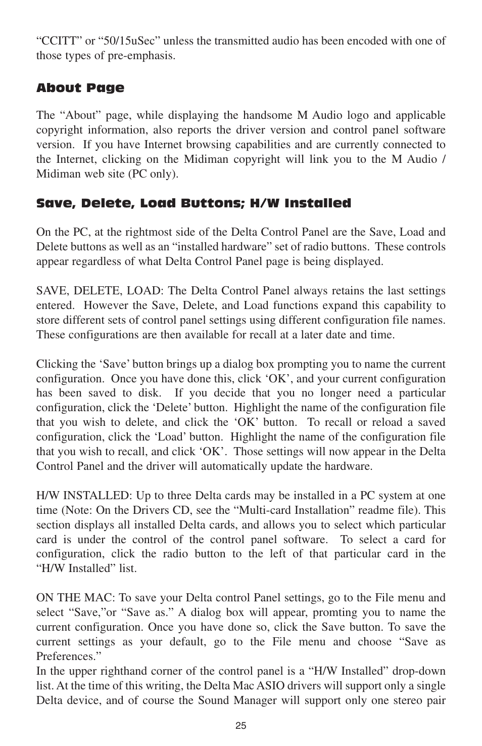 Save, delete, load buttons; h/w installed | M-AUDIO DELTA 66 User Manual | Page 26 / 49