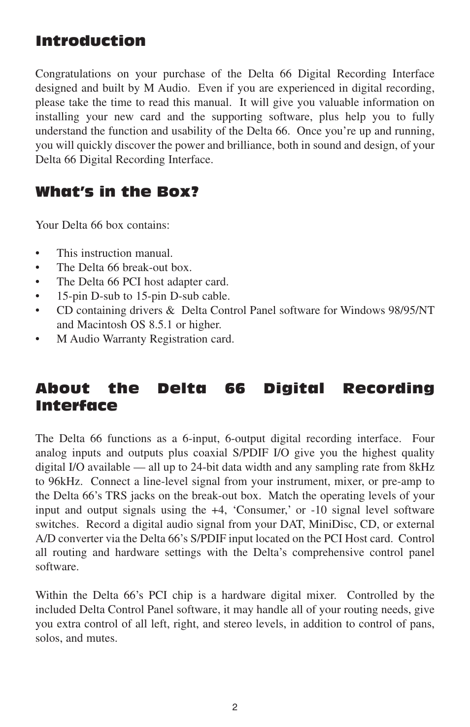 Introduction, What’s in the box, About the delta 66 digital recording interface | M-AUDIO DELTA 66 User Manual | Page 3 / 49