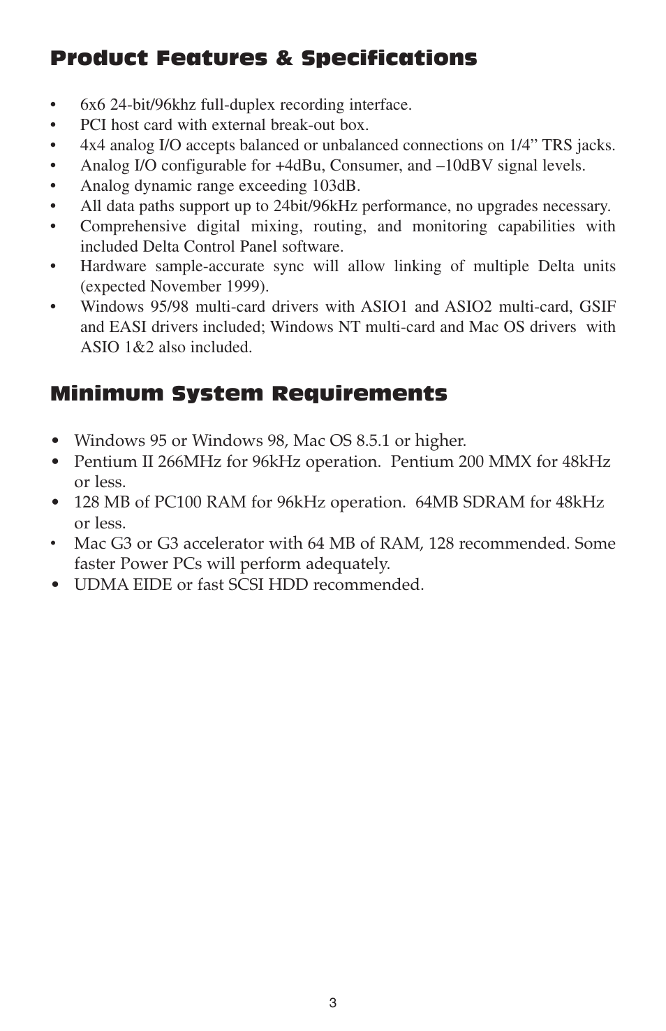 Product features & specifications, Minimum system requirements | M-AUDIO DELTA 66 User Manual | Page 4 / 49