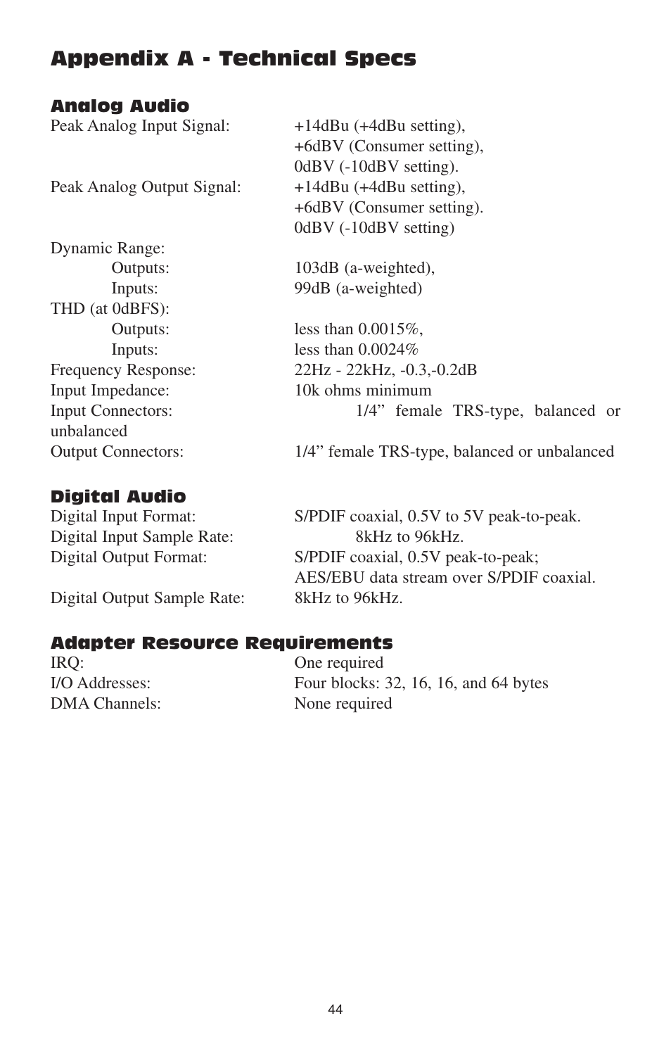 Appendix a - technical specs | M-AUDIO DELTA 66 User Manual | Page 45 / 49