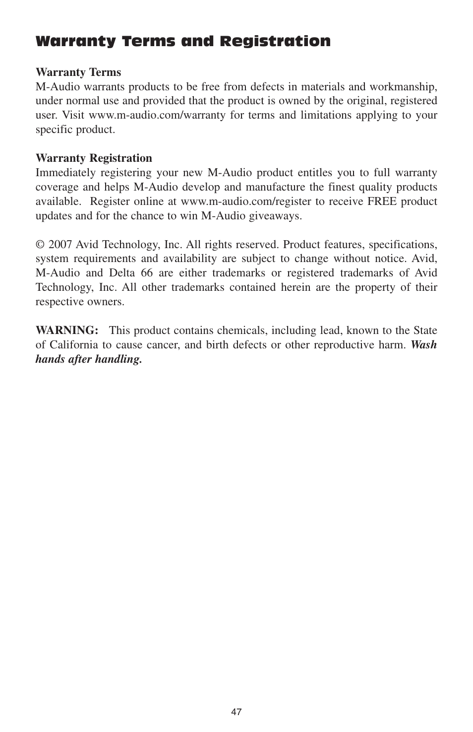 Warranty terms and registration | M-AUDIO DELTA 66 User Manual | Page 48 / 49