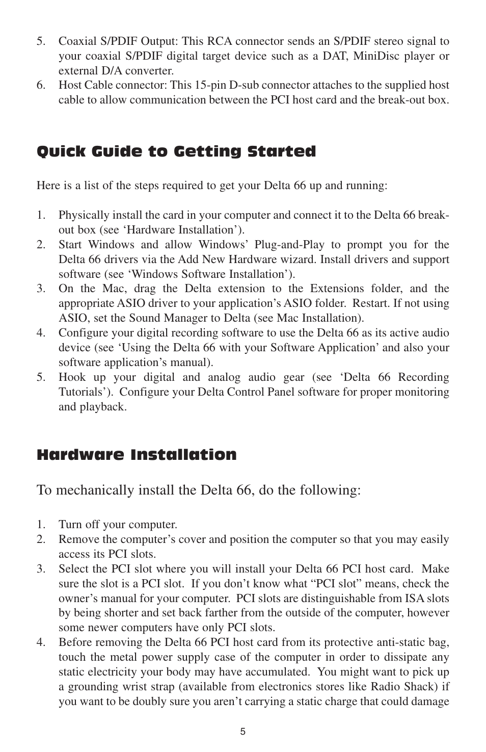 Quick guide to getting started, Hardware installation | M-AUDIO DELTA 66 User Manual | Page 6 / 49