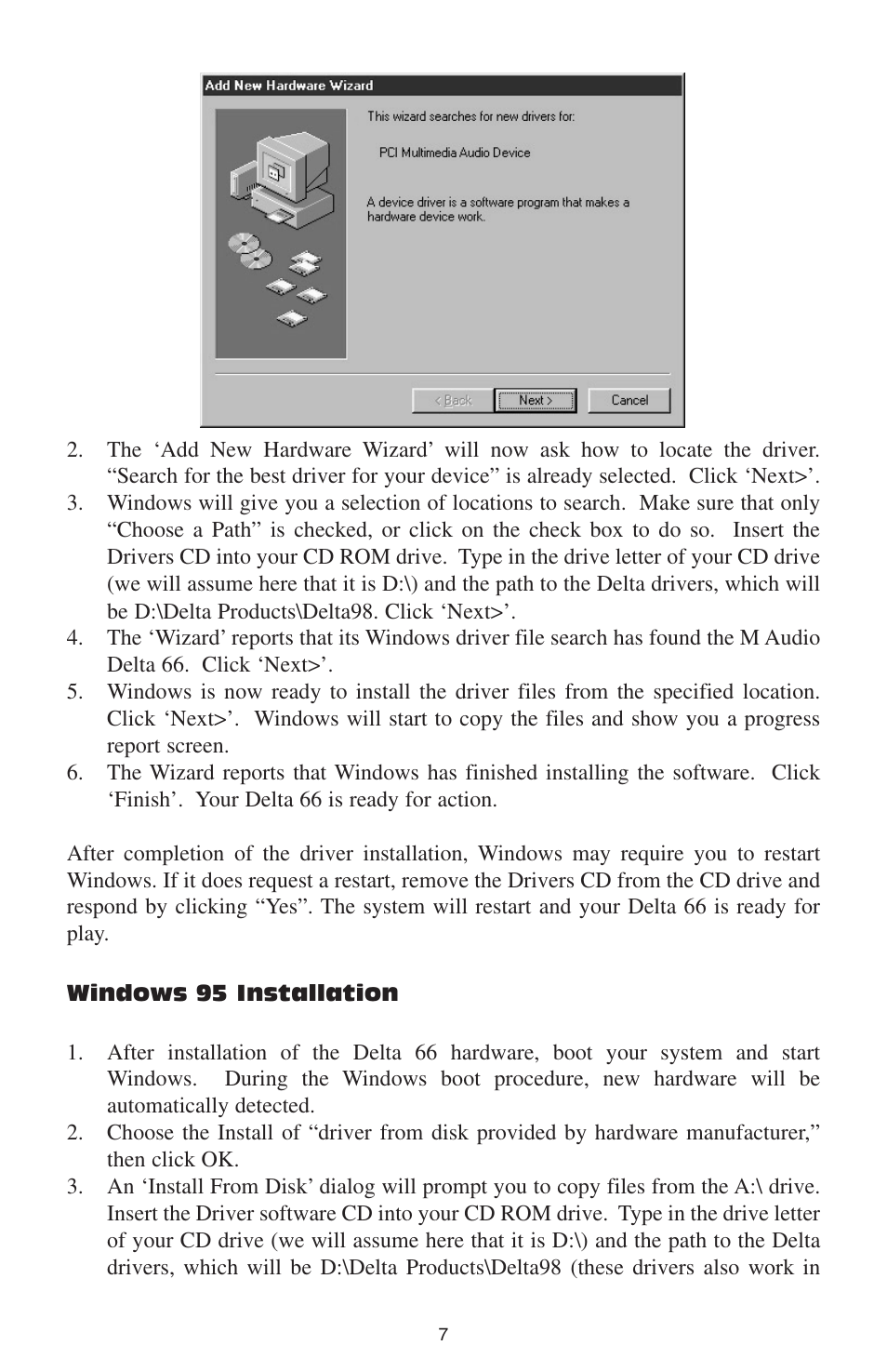 Windows 95 installation | M-AUDIO DELTA 66 User Manual | Page 8 / 49