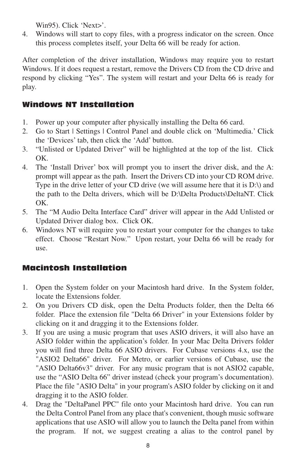 Windows nt installation, Macintosh installation | M-AUDIO DELTA 66 User Manual | Page 9 / 49
