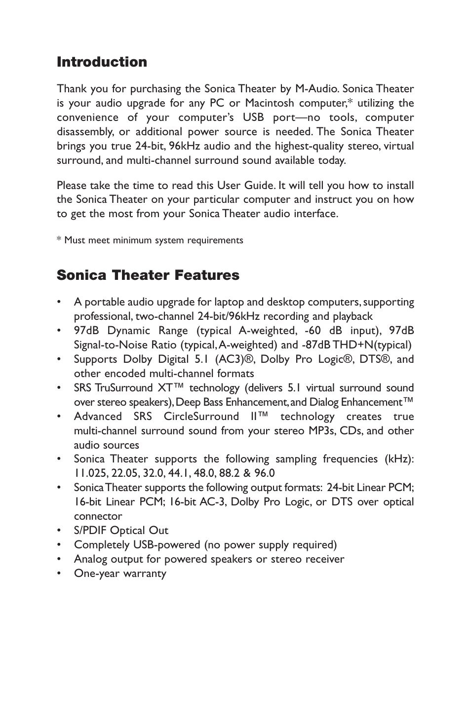 Introduction, Sonica theater features | M-AUDIO Sonica Theater User Manual | Page 2 / 32