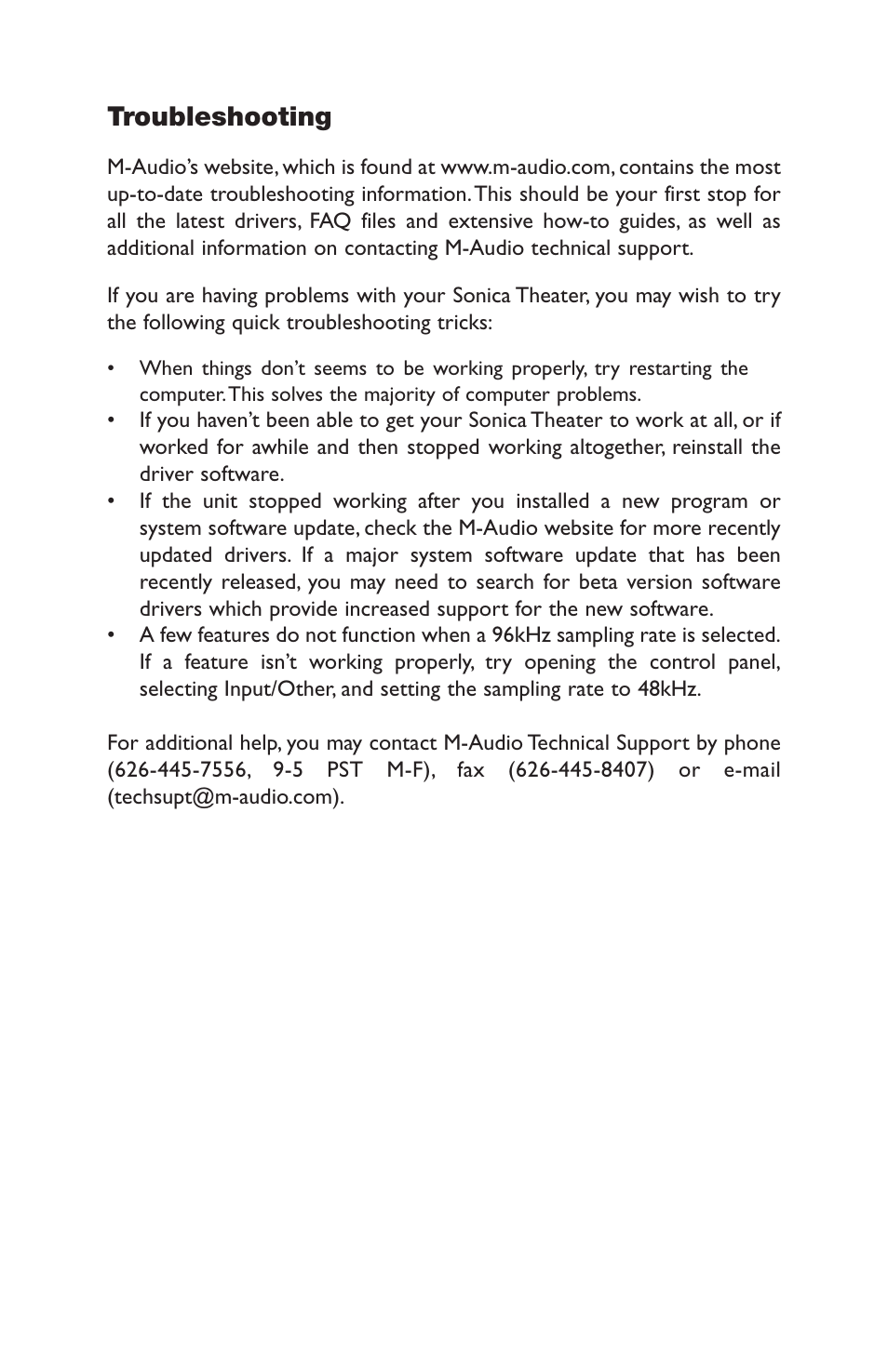 Troubleshooting | M-AUDIO Sonica Theater User Manual | Page 29 / 32