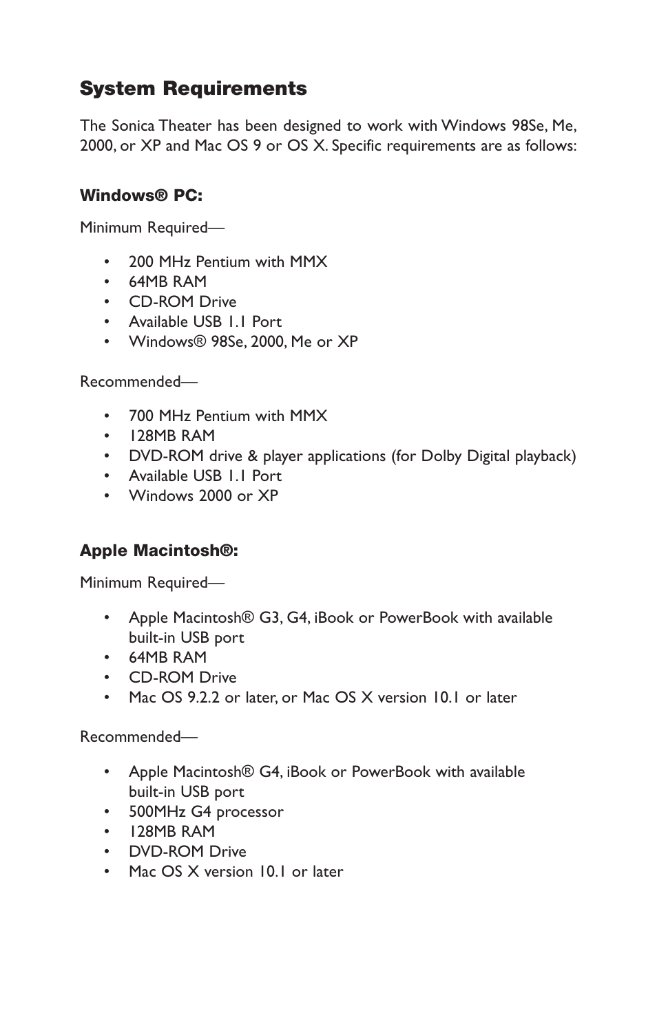 System requirements | M-AUDIO Sonica Theater User Manual | Page 3 / 32