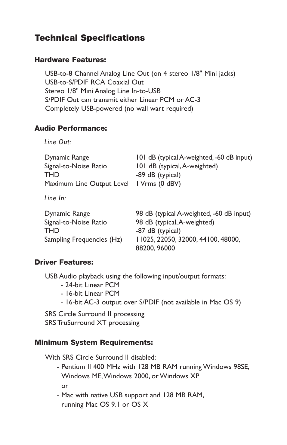 Technical specifications | M-AUDIO Sonica Theater User Manual | Page 30 / 32