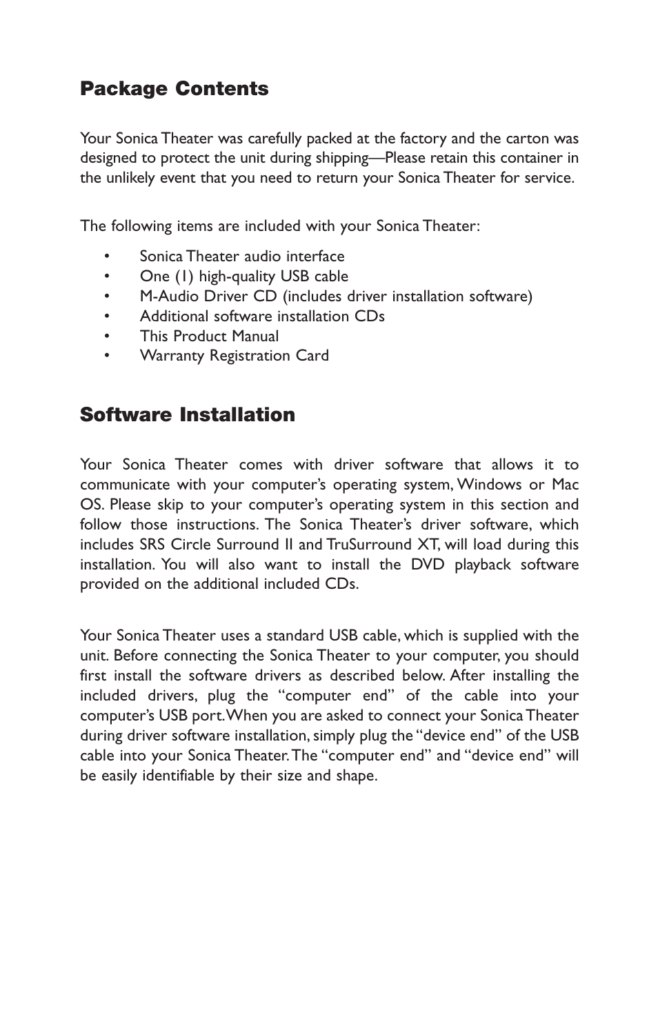 Package contents, Software installation | M-AUDIO Sonica Theater User Manual | Page 4 / 32