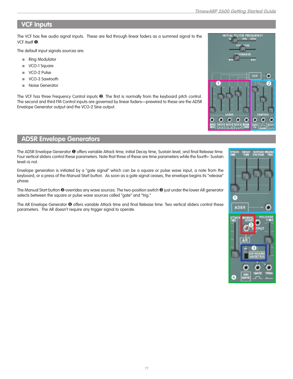 Vcf inputs, Adsr envelope generators | M-AUDIO TIMEWARP 2600 User Manual | Page 11 / 16