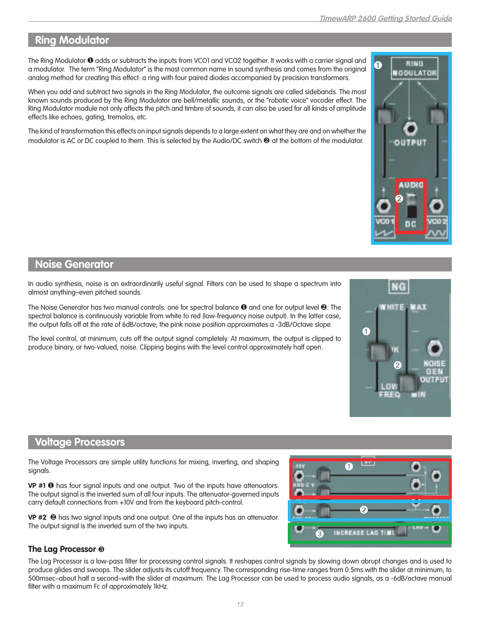 Ring modulator, Noise generator, Voltage processors | The lag processor | M-AUDIO TIMEWARP 2600 User Manual | Page 13 / 16