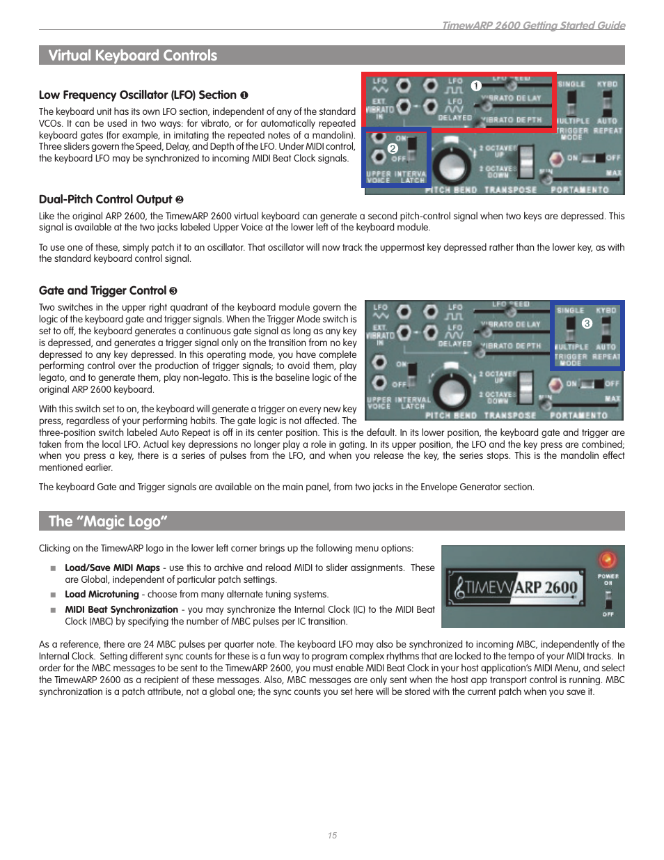 Virtual keyboard controls, Low frequency oscillator (lfo) section, Dual-pitch control output | Gate and trigger control, The “magic logo | M-AUDIO TIMEWARP 2600 User Manual | Page 15 / 16