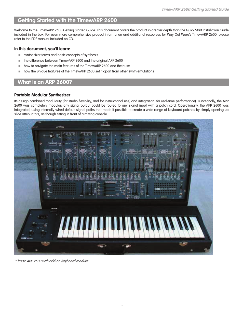 Getting started with the timewarp 2600, In this document, you’ll learn, What is an arp 2600 | Portable modular synthesizer | M-AUDIO TIMEWARP 2600 User Manual | Page 3 / 16