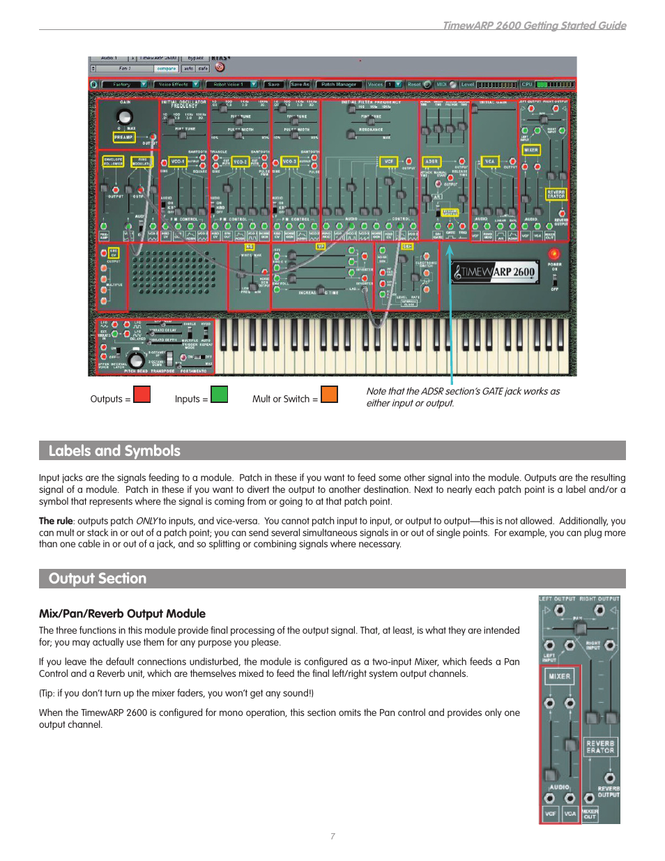 Labels and symbols, Output section, Mix/pan/reverb output module | M-AUDIO TIMEWARP 2600 User Manual | Page 7 / 16