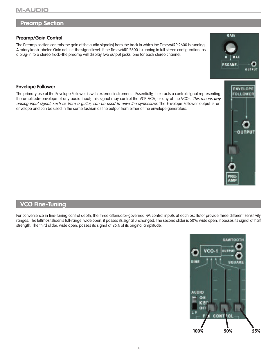 Preamp section, Preamp/gain control, Envelope follower | Vco fine-tuning | M-AUDIO TIMEWARP 2600 User Manual | Page 8 / 16