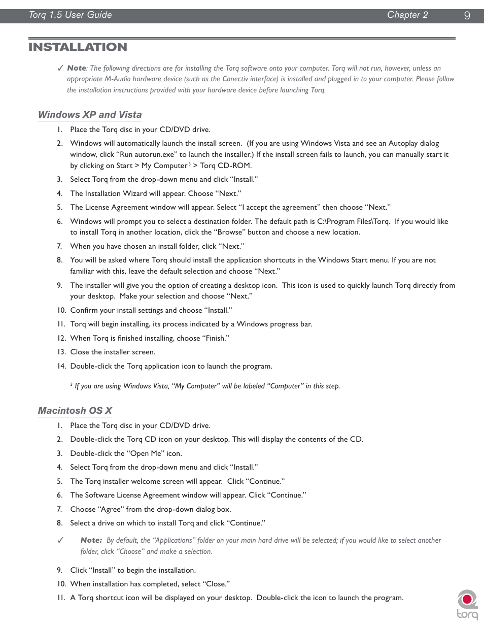 Installation, Windows xp and vista, Macintosh os x | Windows xp and vista macintosh os x, 9installation | M-AUDIO Torq 1.5 User Manual | Page 10 / 99